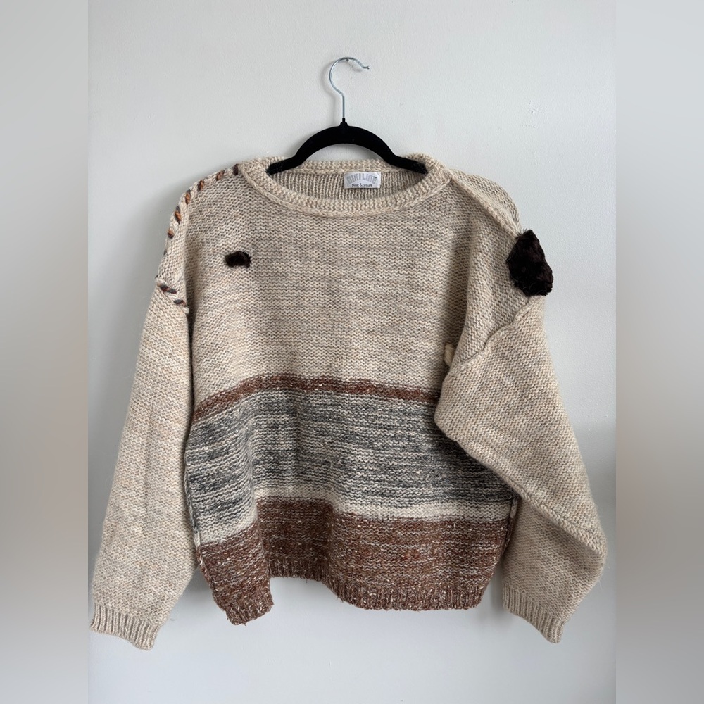 Vintage  Beige and Brown Striped Sweater with Rabbit Fur